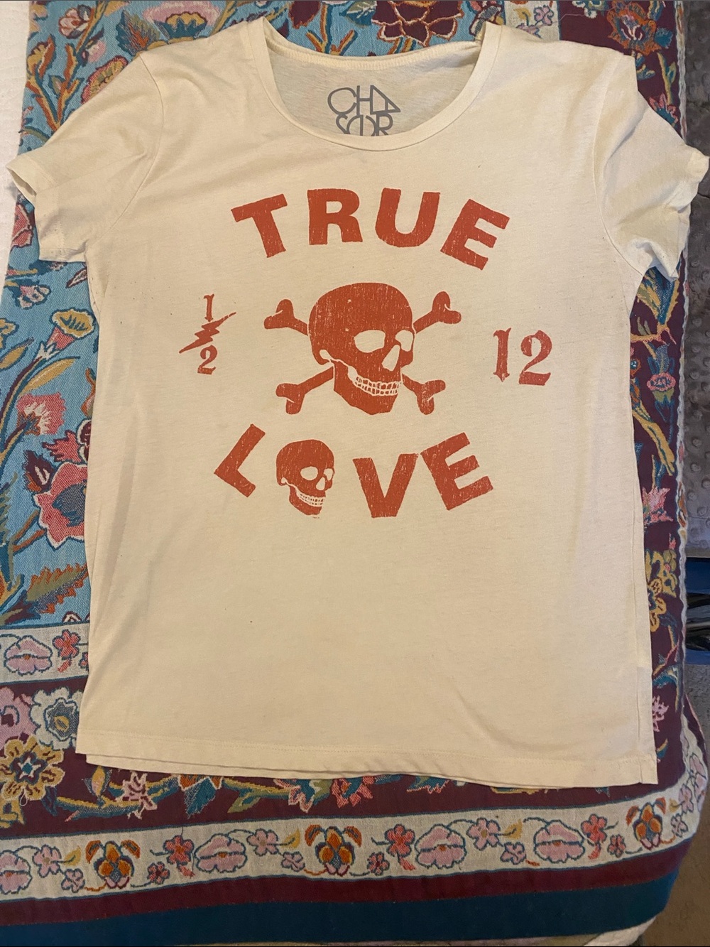 Chaser Cream Short Sleeve Tee with Orange Skull Graphic